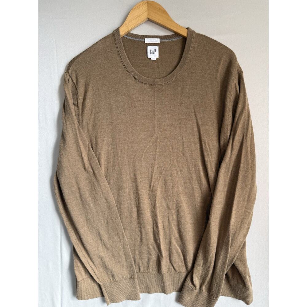 GAP 100% Merino Wool Sweater XL Camel Heather Crew Neck Lightweight